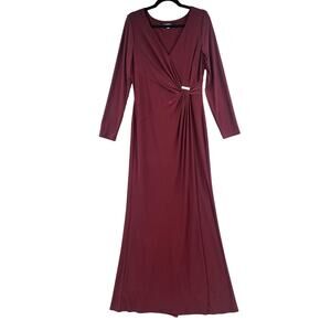 Lauren Ralph Lauren Dress 12 Maroon Formal Maxi Gown Wedding Slinky Mock Wrap
